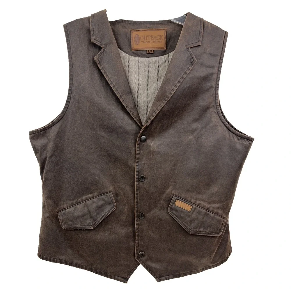Outback Trading Company Oilskin Vest Cliffdweller Men's L Waxed Cotton Brown